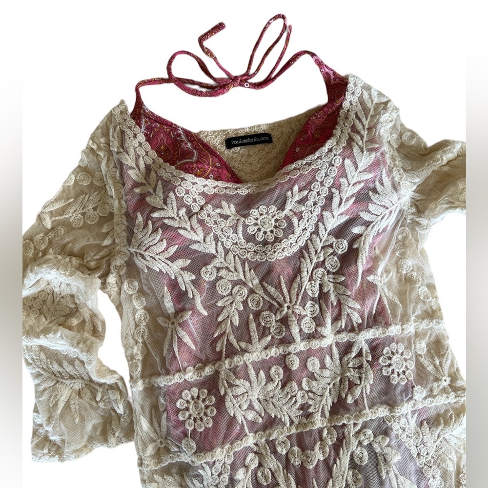 Sheer Lace Embroidered Ivory Beach Cover Up Tunic - Size Med/Sm